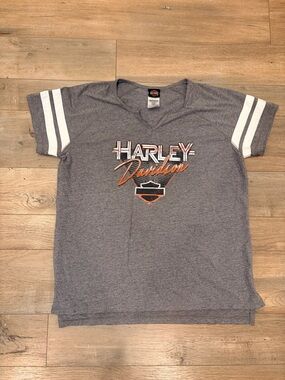 Harley Davidson Gray Varsity Striped Sleeve Tee Triple S Morgantown, WV Large